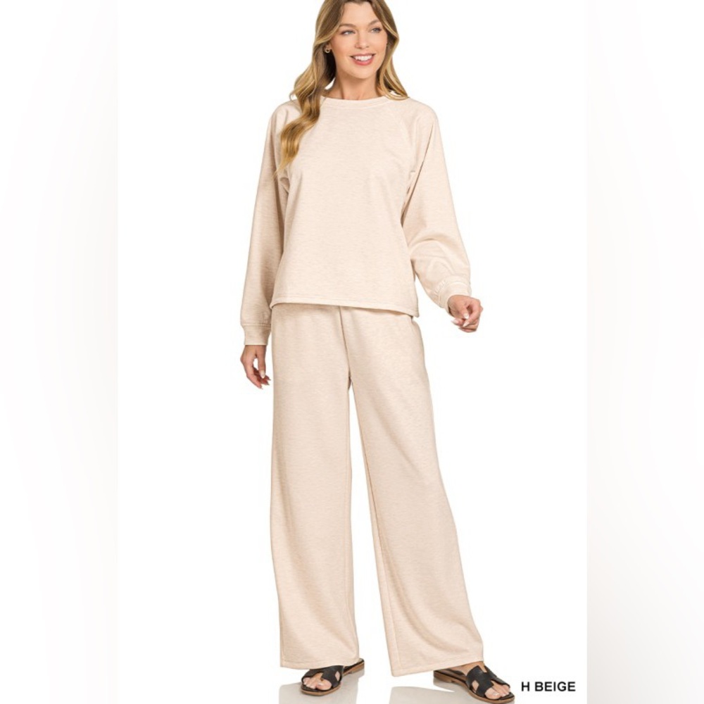 Zenana Outfitters H Beige Wide Leg Lounge Set